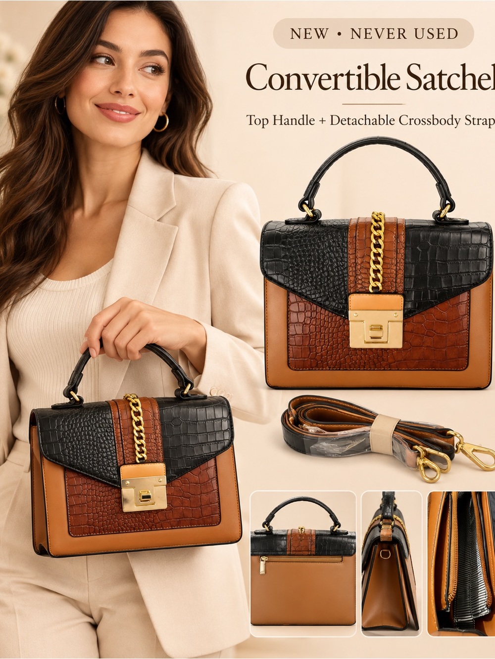 New Black & Cognac Croc-Textured Convertible Satchel Crossbody